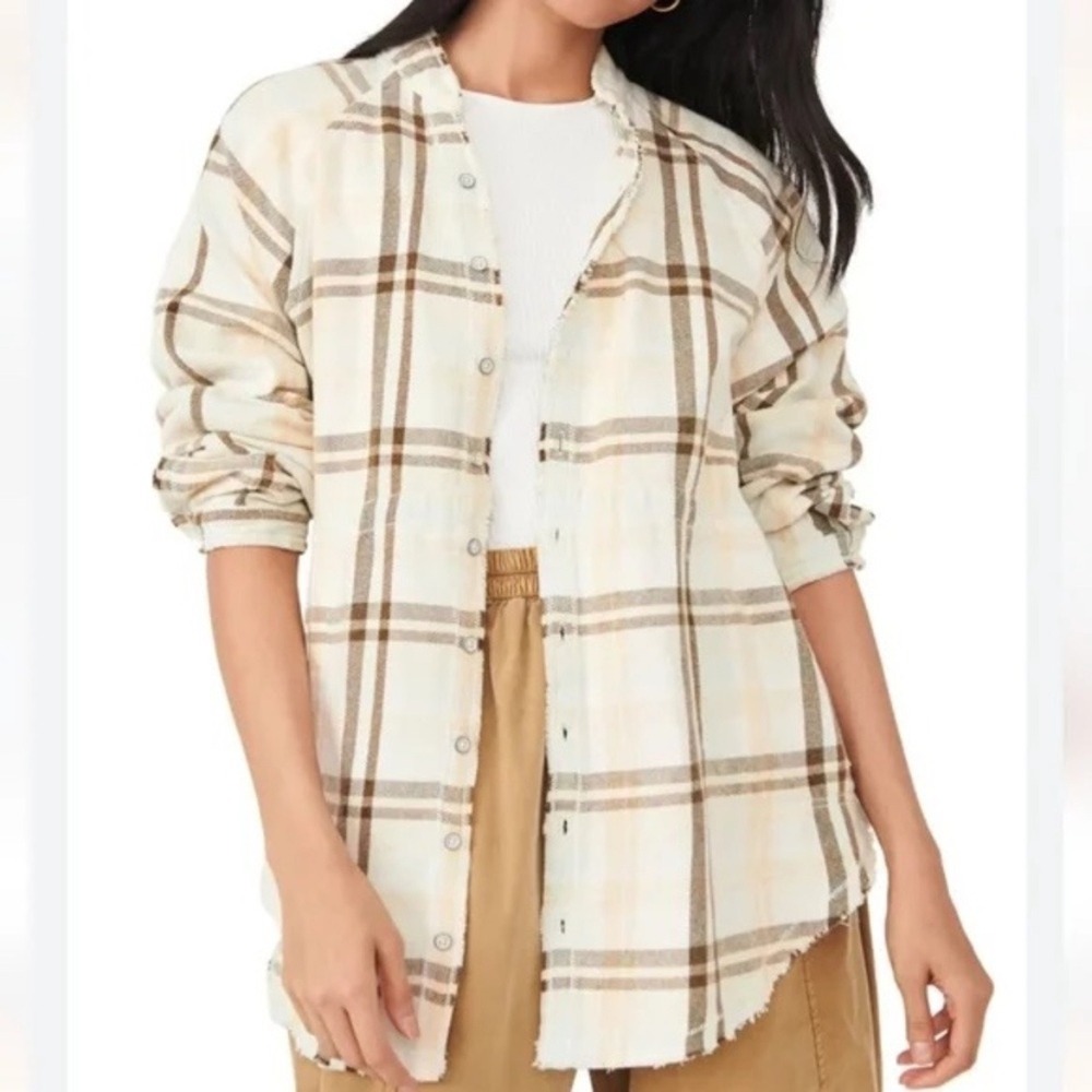 Free People Cream and Brown Plaid Button-Down Shirt